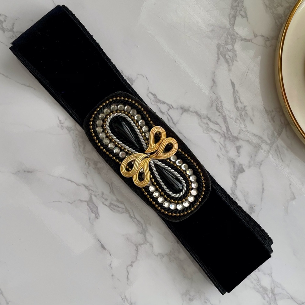 Charmant Beverly Hills Black velvet stretch belt & black, gold & crystal buckle - Picture 8 of 8
